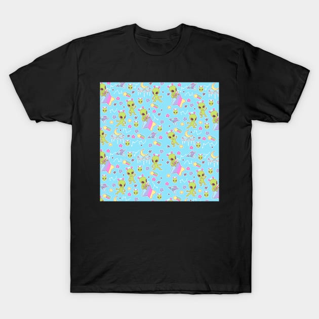 Pastel Aliens on Blue T-Shirt by FrostedSoSweet
